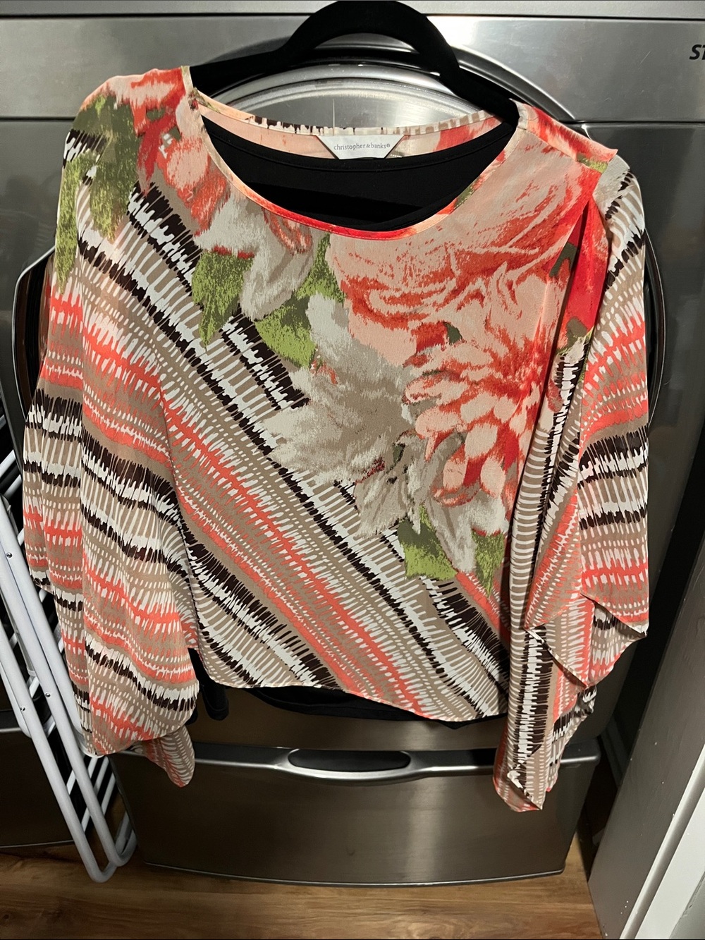 Christopher & Banks Coral, Cream & Green Mixed-Print Blouse